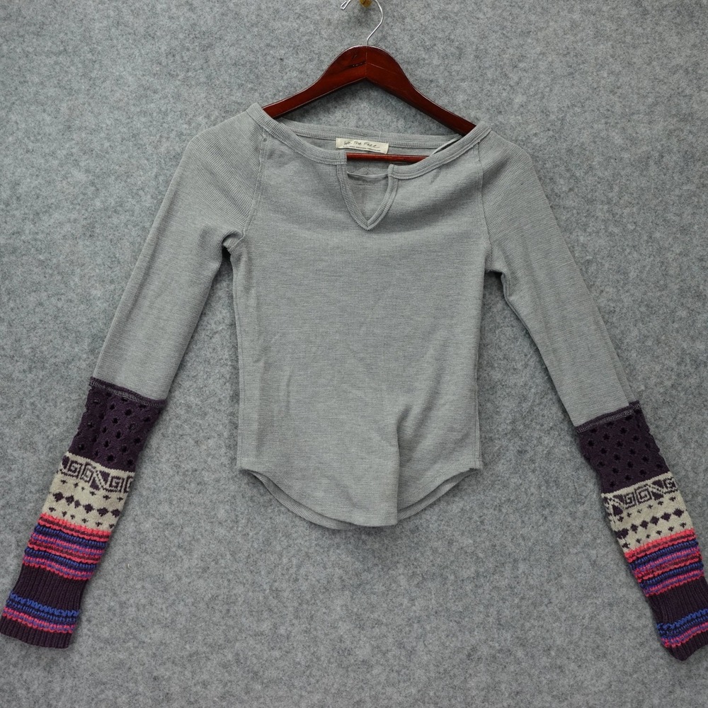 Womens Grey Waffle Knit Crop Top XS Fair Isle Contrast Sleeve Boho We The Free